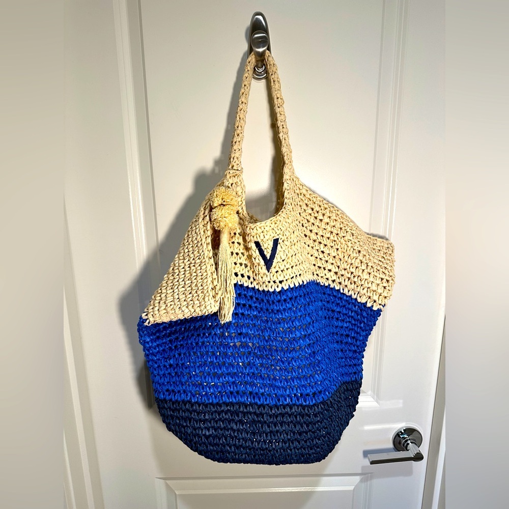 MARK & GRAHAM - Straw / Raffia Monogrammed Beach Tote / Bag, Blue Stripe